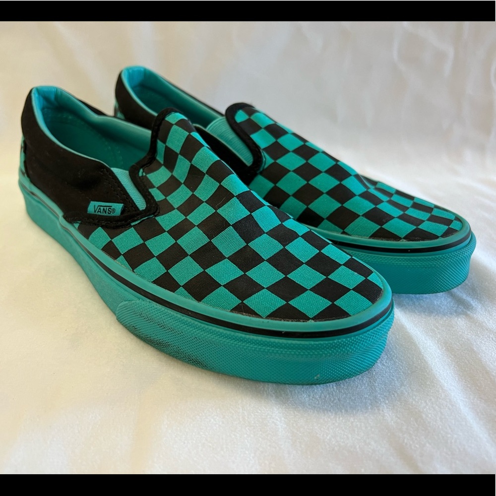 Black and Teal slip on vans